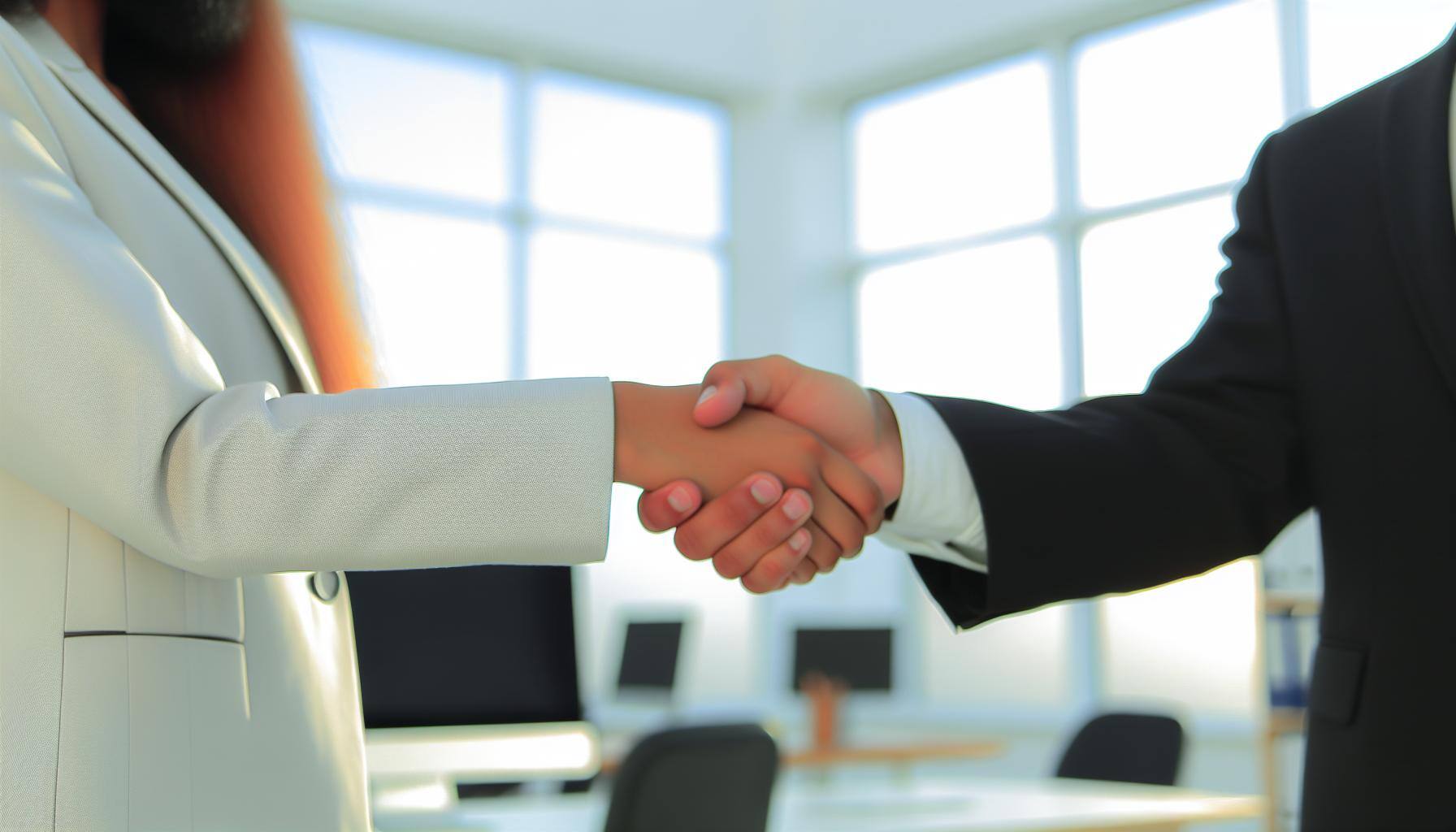 a photo showing two shaking hands with business attire in front of a blurred office background