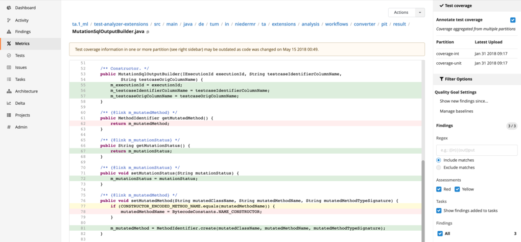 Test coverage in code in Teamscale