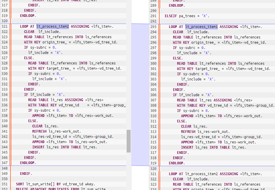 Example of an ABAP clone in compare view. The part with the light-blue marker in the middle is duplicated. The only difference is the name of the internal table over which is iterated; it gets highlighted.